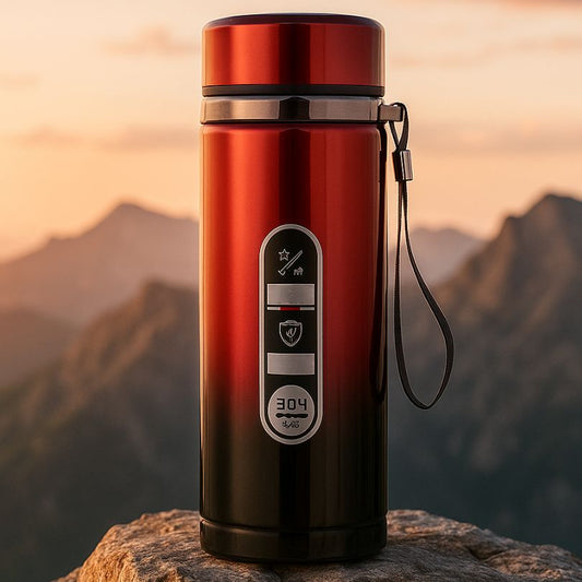 présentation d'un mug de voyage rouge en plein air