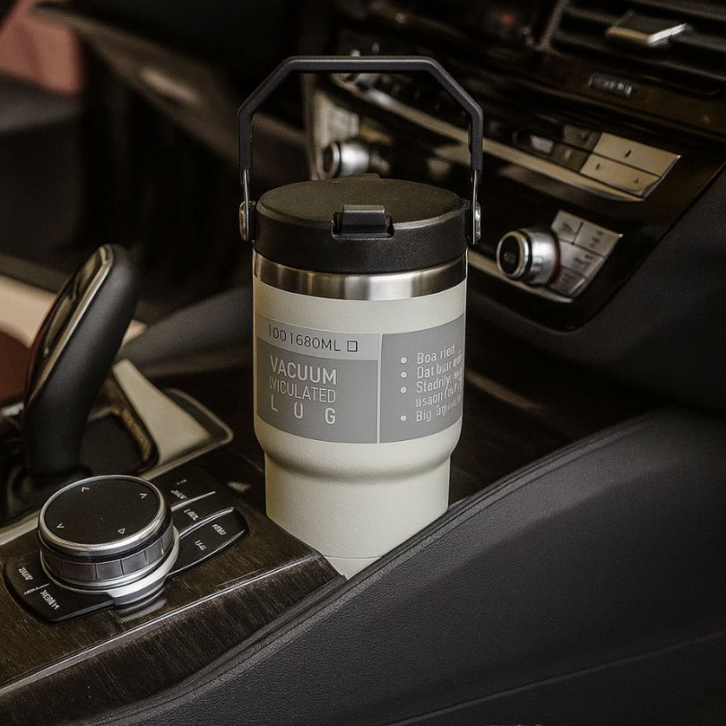 présentation du mug isotherme blanc posé dans le porte-gobelet