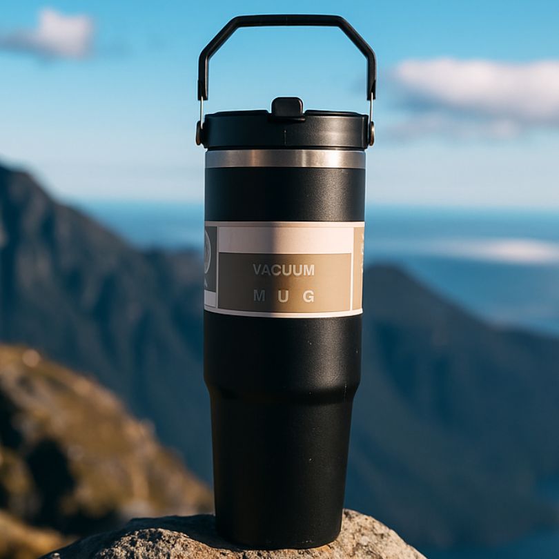 mug isotherme 890 ml noir sur un rocher