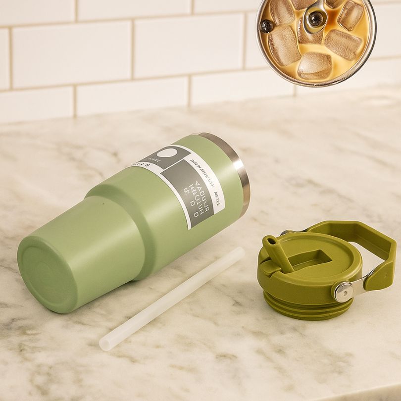 mug isotherme vert en piece détachées sur un comptoir de cuisine
