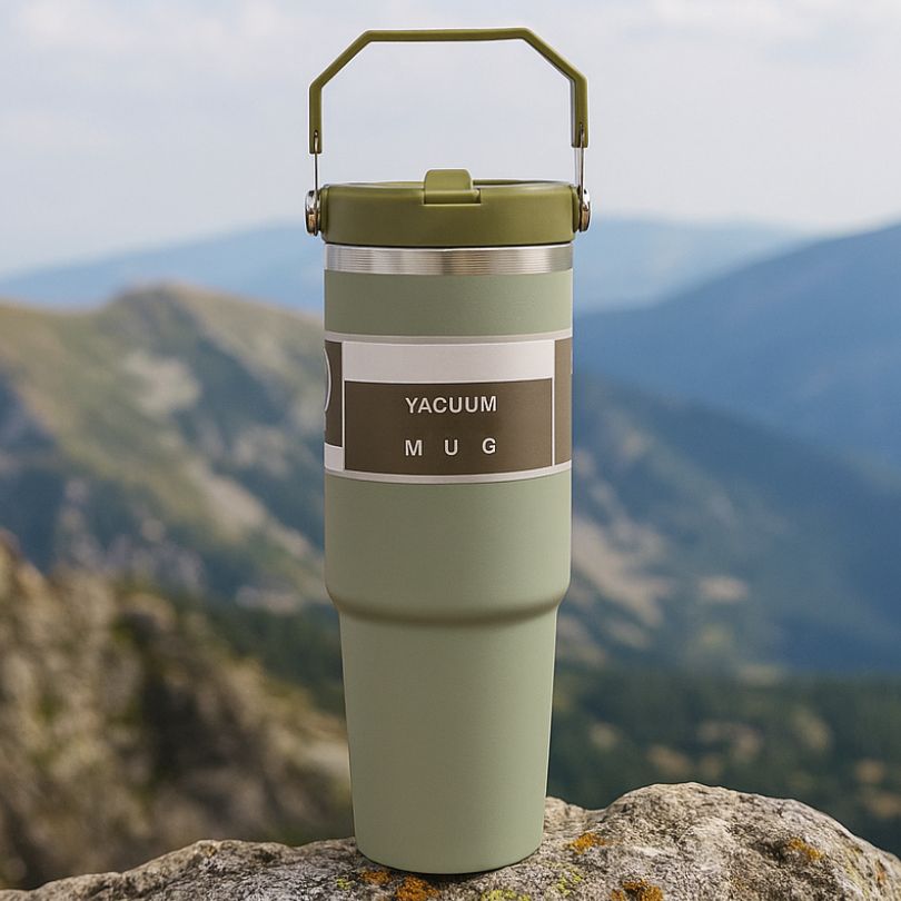 un mug isotherme vert sur un rocher en montagne