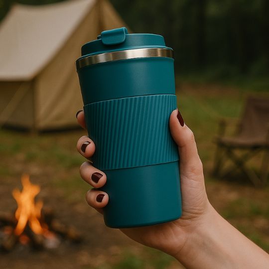 femme qui tient un mug isotherme bleu dans sa main en plein air