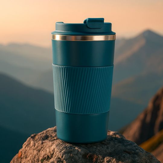 présentation d'un mug isotherme bleu azur sur un rocher au sommet d'une montagne