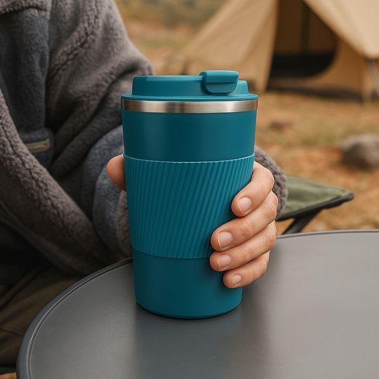 homme en camping avec son mug isotherme pour boire café bien chaud