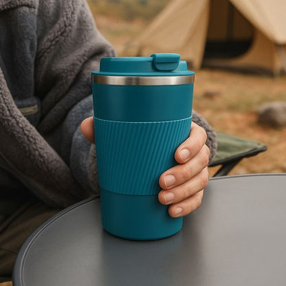 homme en camping avec son mug isotherme pour boire café bien chaud