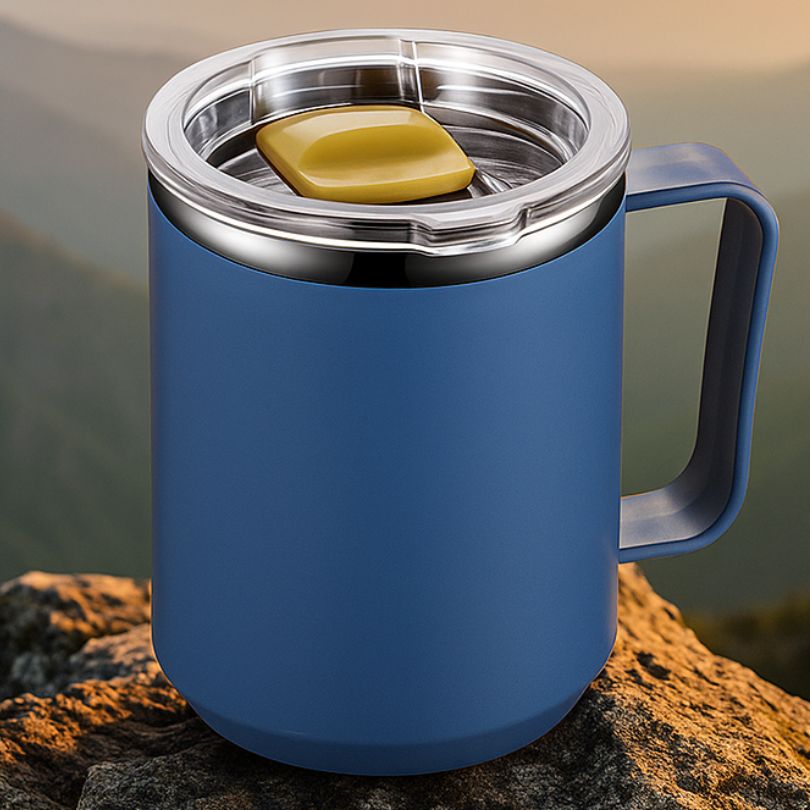 un mug isotherme posé sur un rocher en extérieur