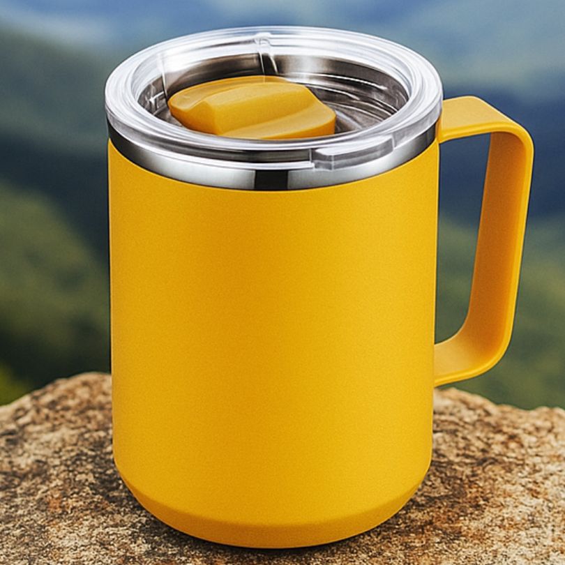 mug isotherme jaune avec couvercle hermétique