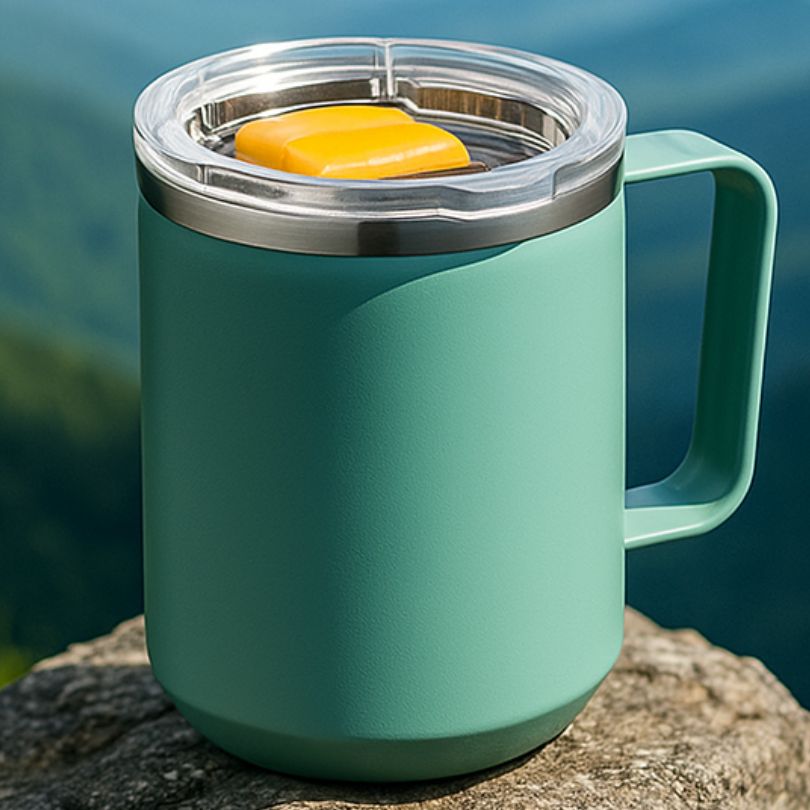 mug isotherme vert a poignée sur un rocher