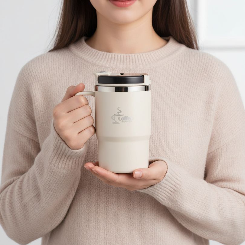 femme tenant un mug thermo blanc dans sa main. 