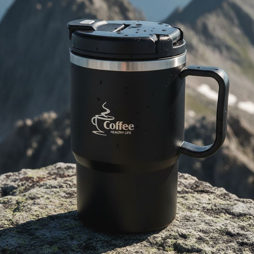 mug thermo noir sur un rocher au sommet d'une montagne