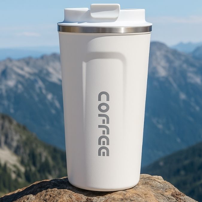 mug thermos blanc au soleil
