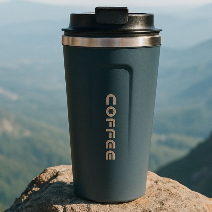 mug thermos bleu sur un rocher