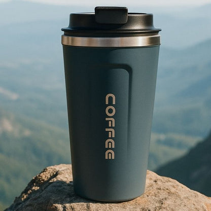 mug thermos bleu sur un rocher