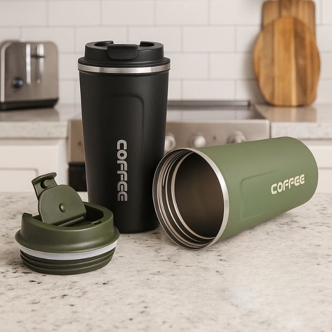 deux mug thermos sur un comptoir de cuisine