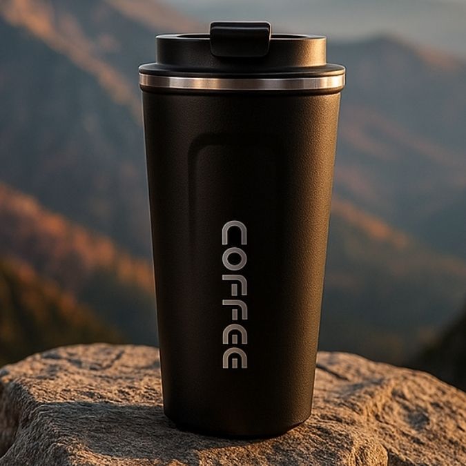présentation d'une mug thermos noir sur un rocher en plein air