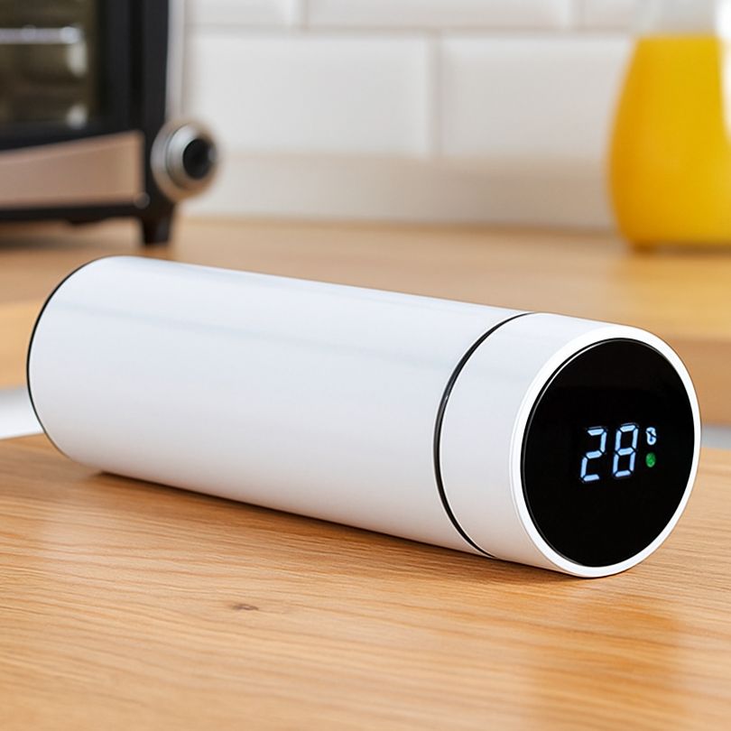 mug thermos blanc sur un comptoir