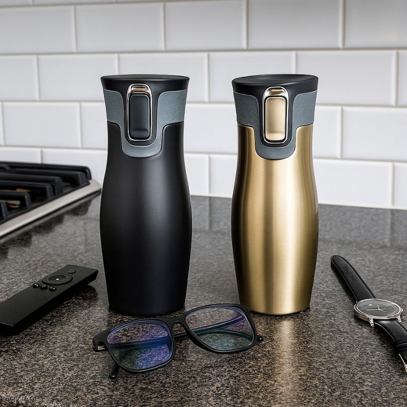 deux mugs isothermes sur un comptoir de cuisine