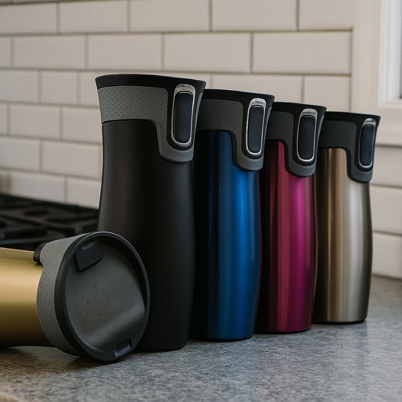 plusieurs mugs isothermes sur un comptoir