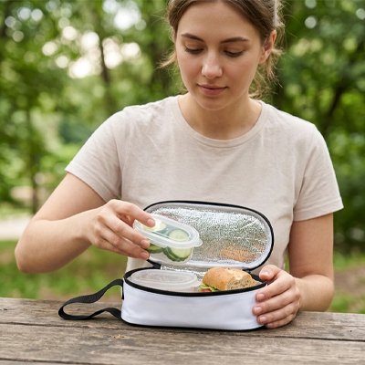 femme qui prend son lunch de son petit sac isotherme blanc