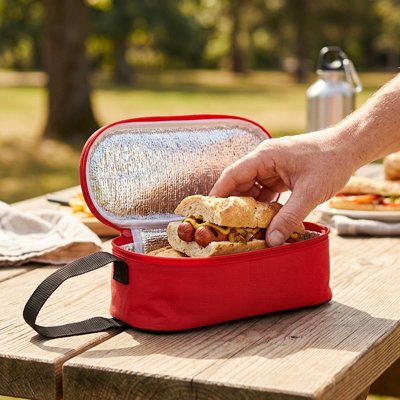 Petit sac isotherme rouge avec un sandwich à l'intérieur