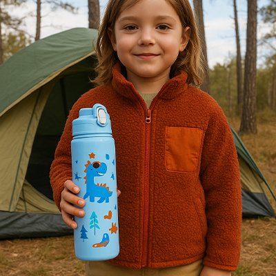 petite fille avec ne gourde enfant bleu dans la main