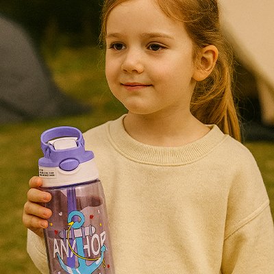 petite fille qui tient une gourde enfant paille violet dans sa main