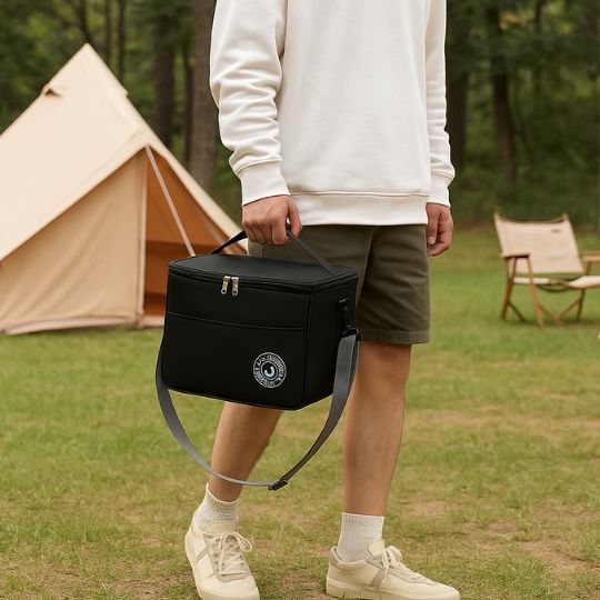homme qui marche en nature avec son petite glaciere repas tenu par la anse