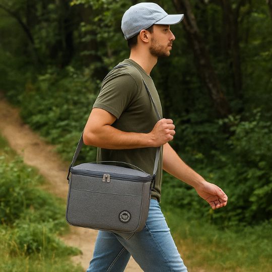 homme qui marche en forêt avec une petite glaciere repas grise