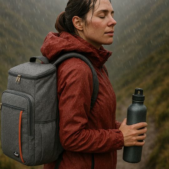 femme à la pluie qui fait une rando en plein air
