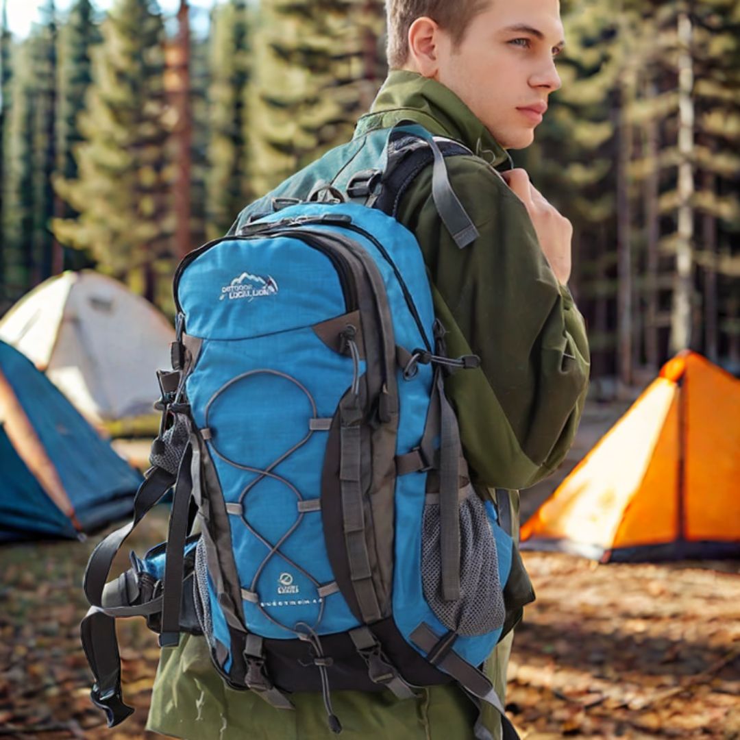 homme-en-camping-avec-son-sac-a-dos-40l-bleu-sur-les-épaules