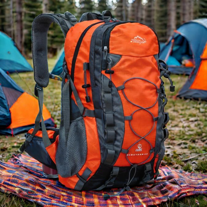 sac-a-dos-40l-orange-sur-le-sol-dun-camping