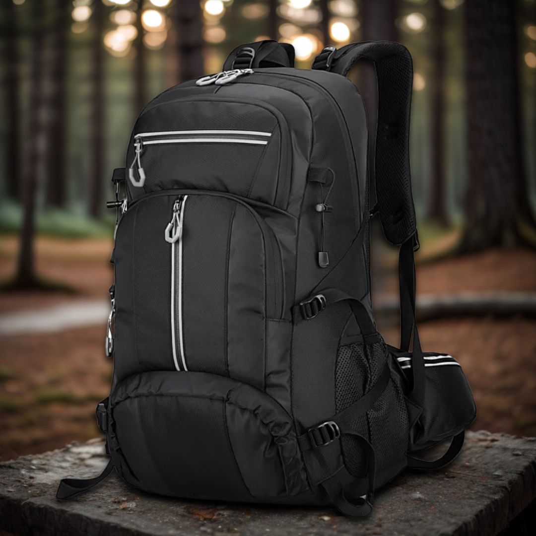 sac-a-dos-50l-noir-sur-une-table-de-camping-en-nature