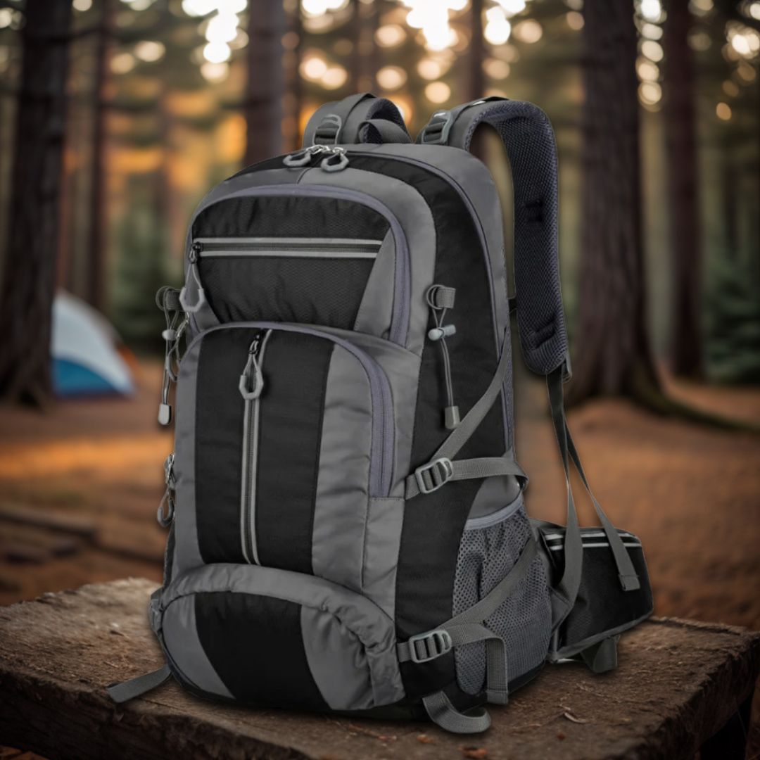sac-a-dos-50l-gris-sur-du-bois-en-nature
