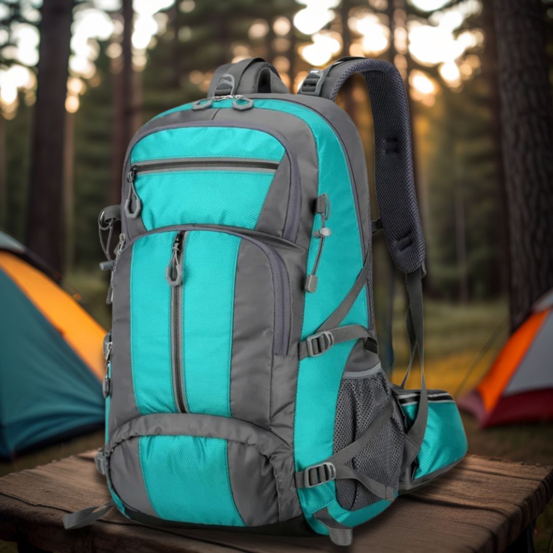 sac-a-dos-50l-turquoise-sur-une-table-de-camping