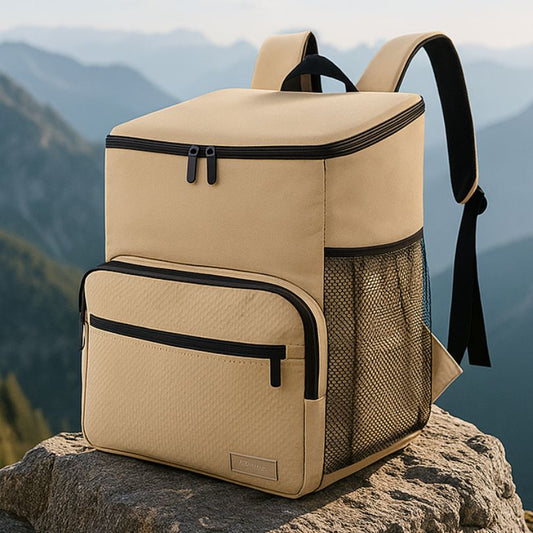 présentation d'un sac a dos glaciere beige sur un rocher