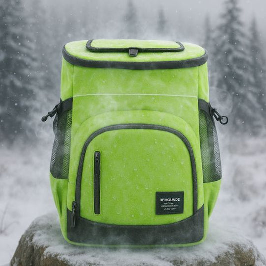 un sac à dos glacière sur une roche en plein hiver à la froideur
