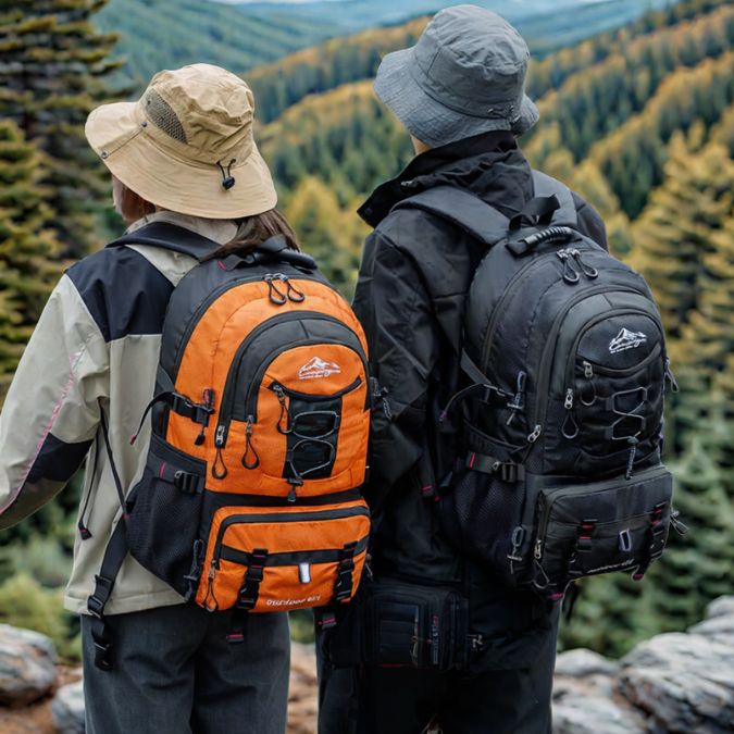 un-couple-qui-regardent-le-trajet-quils-doivent-effectuer-avec-leur-sac-à-dos-imperméable