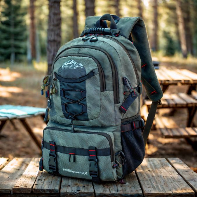sac-à-dos-imperméable-gris-sur-une-table-de-camping