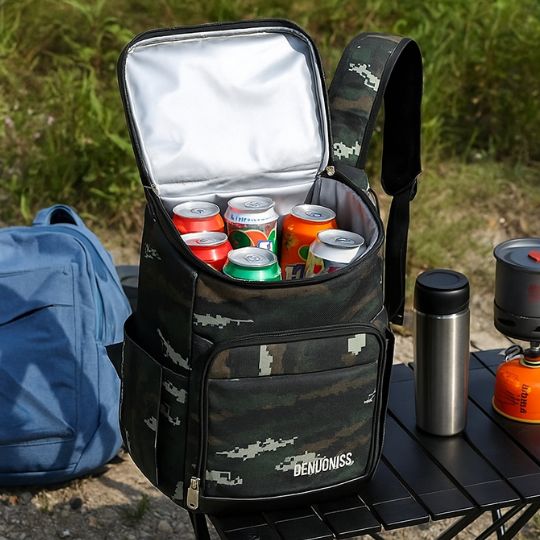 un sac a dos isotherme camouflage vert ouvert sur une table de camping