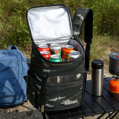 un sac a dos isotherme camouflage vert ouvert sur une table de camping