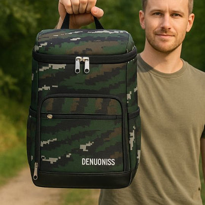 homme qui nous montre un sac a dos isotherme vert