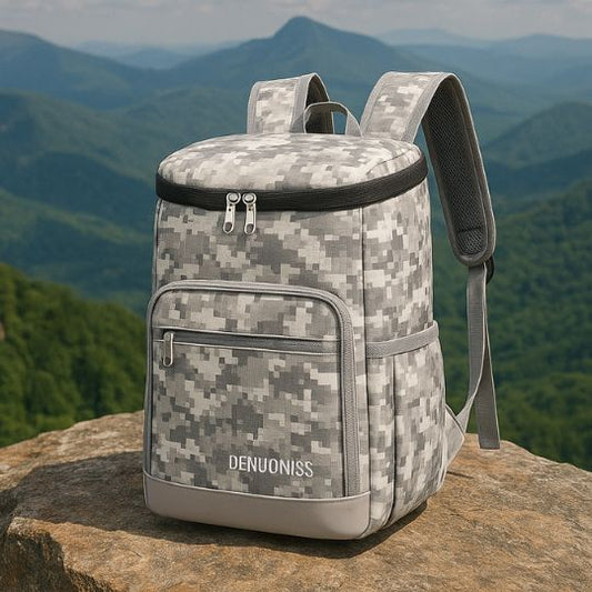 sac a dos isotherme camouflage blanc sur une roche au sommet d'une montagne
