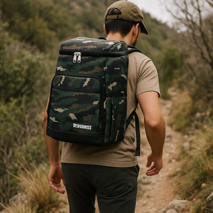 homme qui fait de la randonnée avec son sac a dos isotherme vert camouflage
