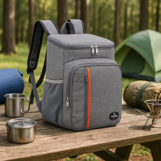 un sac a dos isotherme gris sur une table en bois extérieur