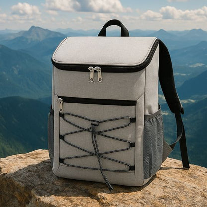 une sac a dos isotherme gris au sommet d'une montagne sur un rocher