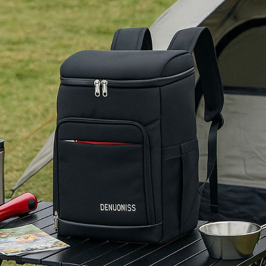 présentation d'un sac a dos isotherme noir sur une table de camping avec d'autre accssoire