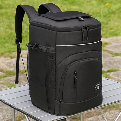 sac a dos isotherme noir sur table de camping