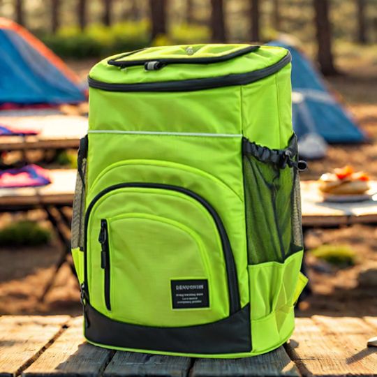 sac-a-dos-isotherme-vert-sur-une-table-au-soleil-en-camping