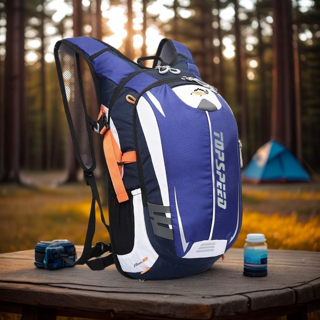 sac-a-dos-sport-bleu-sur-une-table-de-camping