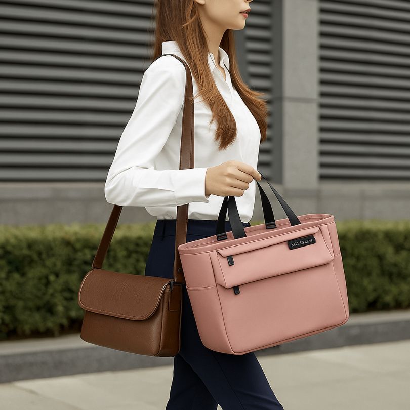 femme tenant un sac à lunch box rose en se rendant au travail